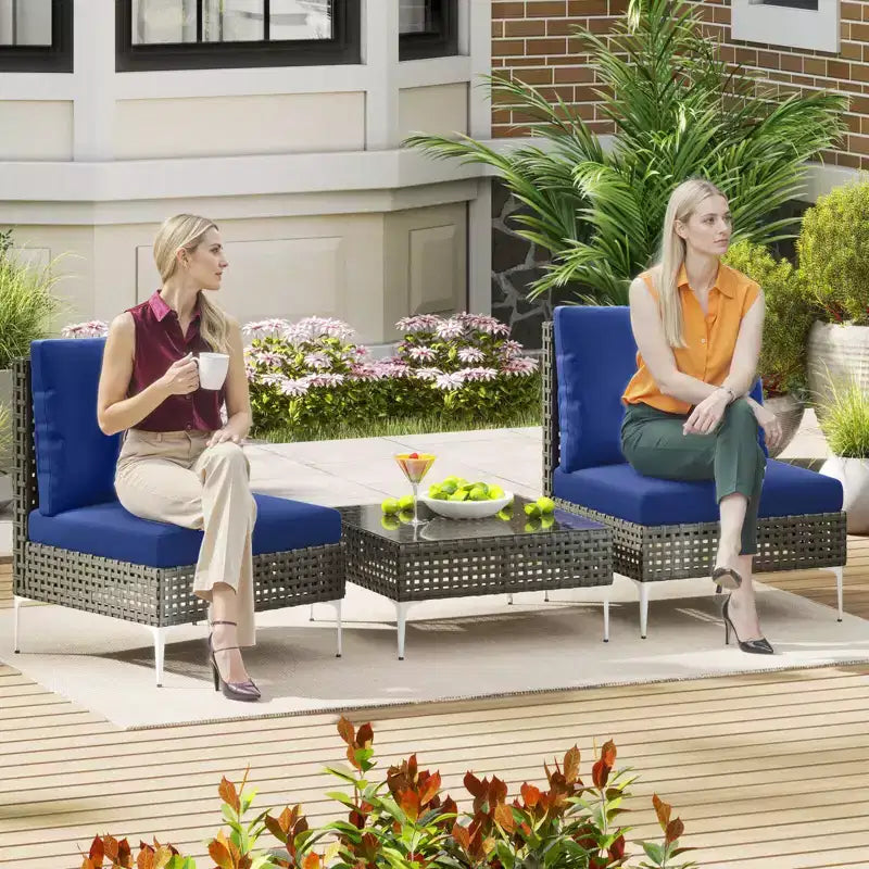 Ensemble de mobilier de patio Costway 3 pièces avec table basse en verre trempé, coussins moelleux pour le dossier et l'assise Bleu marine/Blanc/Gris