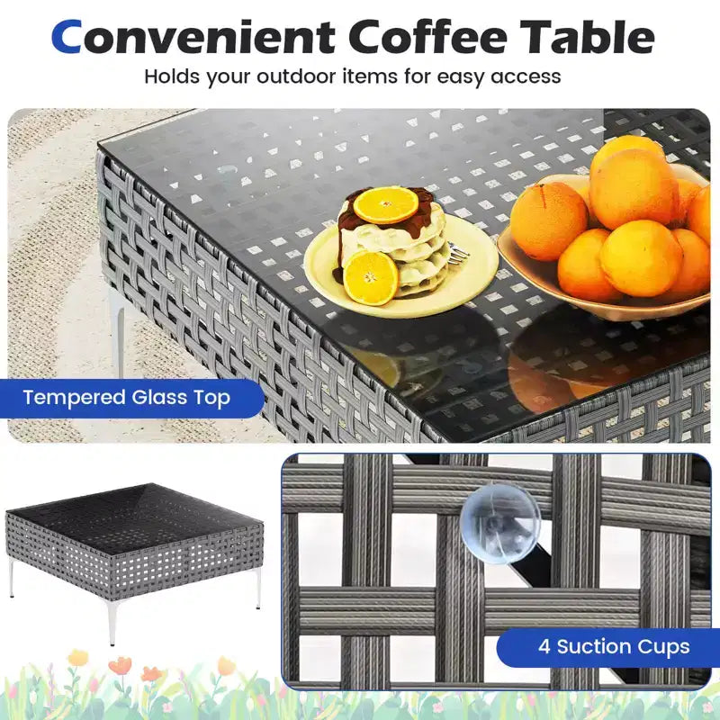 Ensemble de mobilier de patio Costway 3 pièces avec table basse en verre trempé, coussins moelleux pour le dossier et l'assise Bleu marine/Blanc/Gris