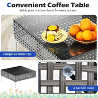 Ensemble de mobilier de patio Costway 3 pièces avec table basse en verre trempé, coussins moelleux pour le dossier et l'assise Bleu marine/Blanc/Gris