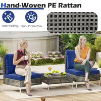 Ensemble de mobilier de patio Costway 3 pièces avec table basse en verre trempé, coussins moelleux pour le dossier et l'assise Bleu marine/Blanc/Gris
