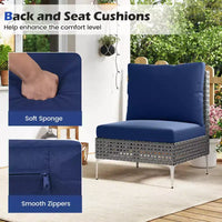 Ensemble de mobilier de patio Costway 3 pièces avec table basse en verre trempé, coussins moelleux pour le dossier et l'assise Bleu marine/Blanc/Gris