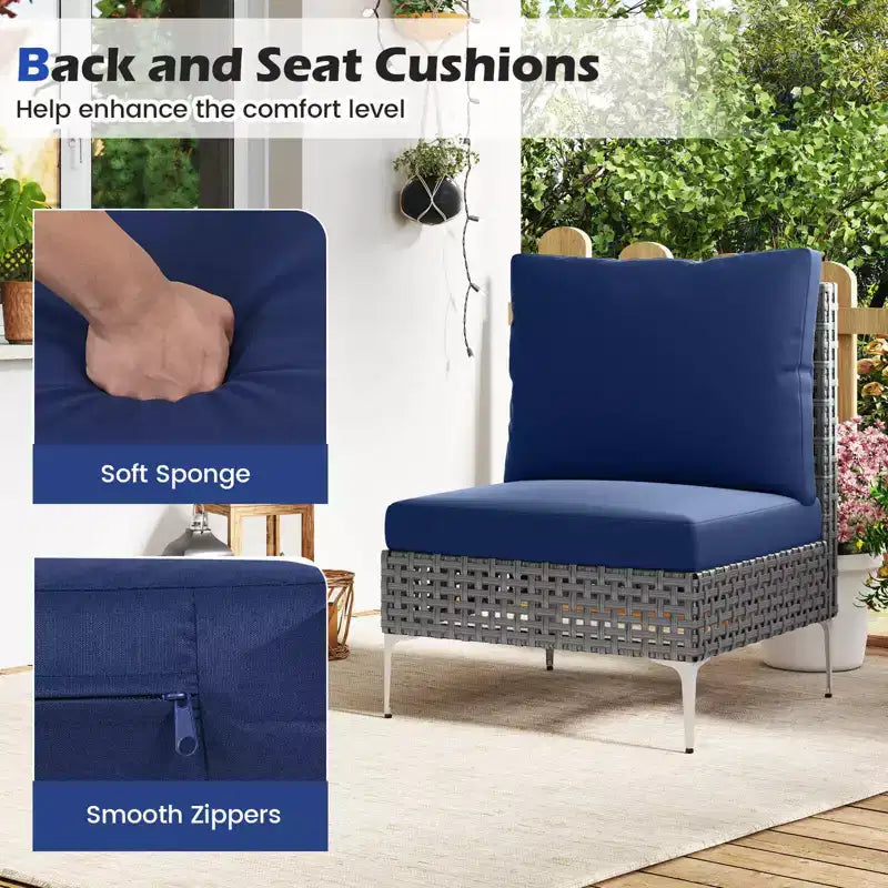 Ensemble de mobilier de patio Costway 3 pièces avec table basse en verre trempé, coussins moelleux pour le dossier et l'assise Bleu marine/Blanc/Gris