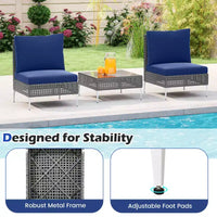 Ensemble de mobilier de patio Costway 3 pièces avec table basse en verre trempé, coussins moelleux pour le dossier et l'assise Bleu marine/Blanc/Gris