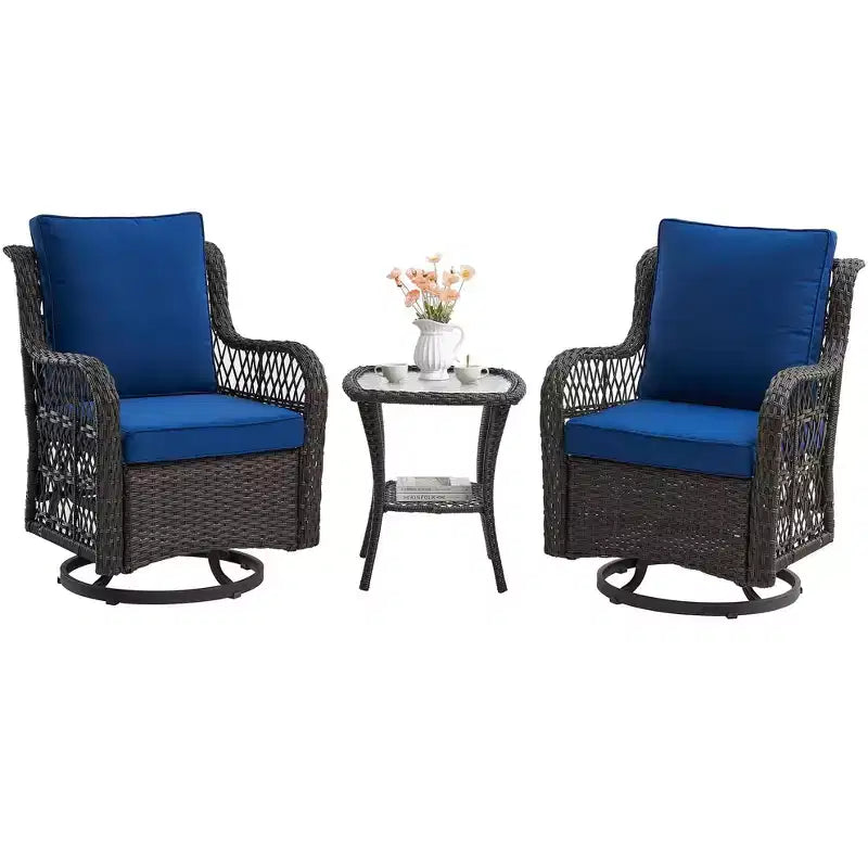 Ensemble de patio extérieur 3 pièces, ensemble bistrot à bascule en osier avec 2 fauteuils pivotants et table à plateau en verre trempé