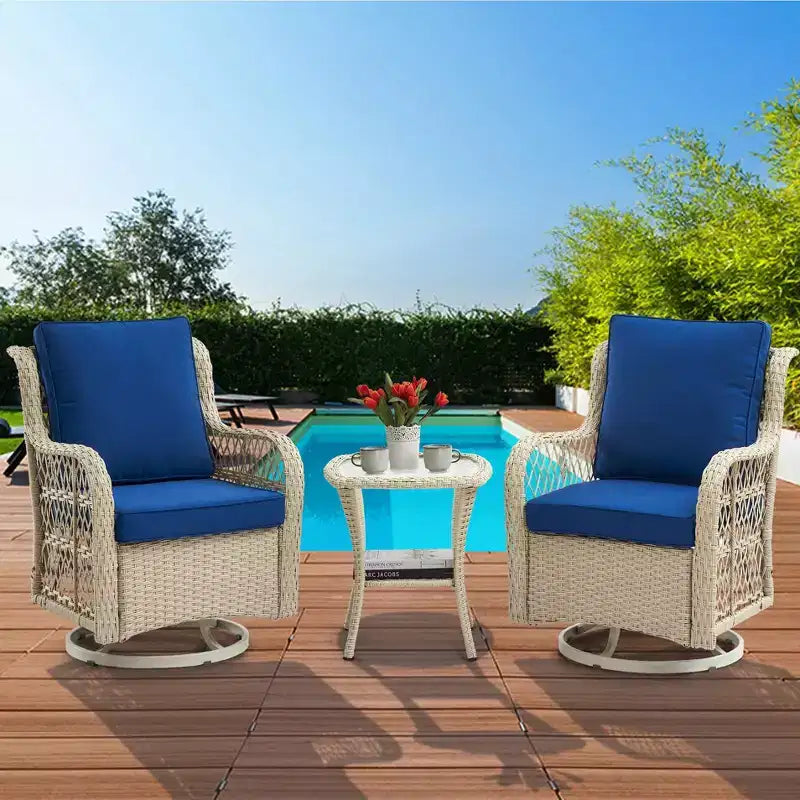 Ensemble de patio extérieur 3 pièces, ensemble bistrot à bascule en osier avec 2 fauteuils pivotants et table à plateau en verre trempé