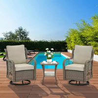 Ensemble de terrasse d'extérieur 3 pièces, ensemble bistro à bascule en résine tressée avec 2 chaises pivotantes et table à plateau en verre trempé