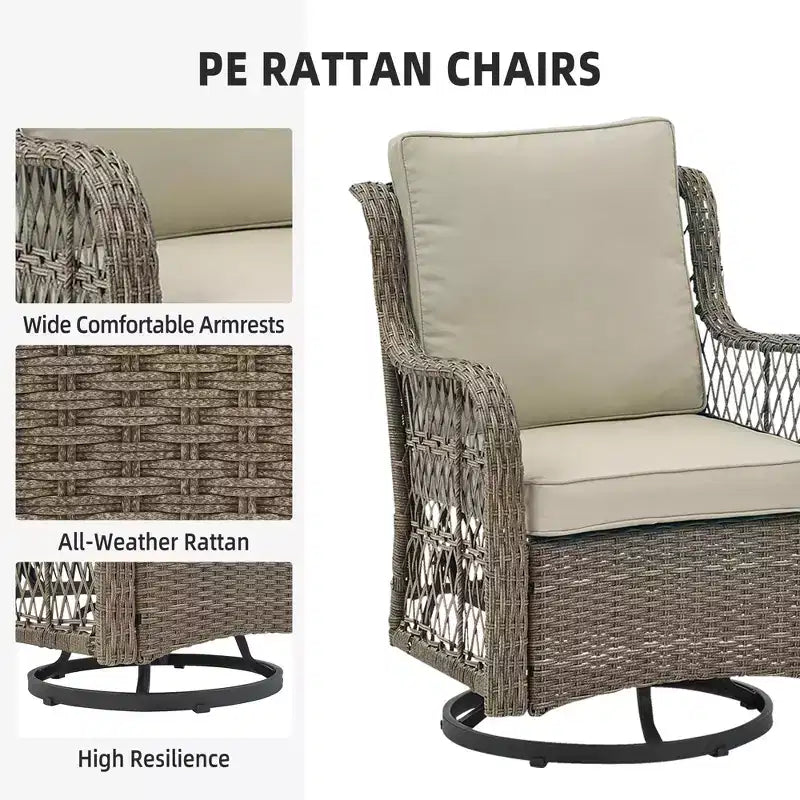 Ensemble de patio extérieur 3 pièces, ensemble bistrot à bascule en osier avec 2 fauteuils pivotants et table à plateau en verre trempé