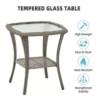 Ensemble de terrasse d'extérieur 3 pièces, ensemble bistro à bascule en résine tressée avec 2 chaises pivotantes et table à plateau en verre trempé