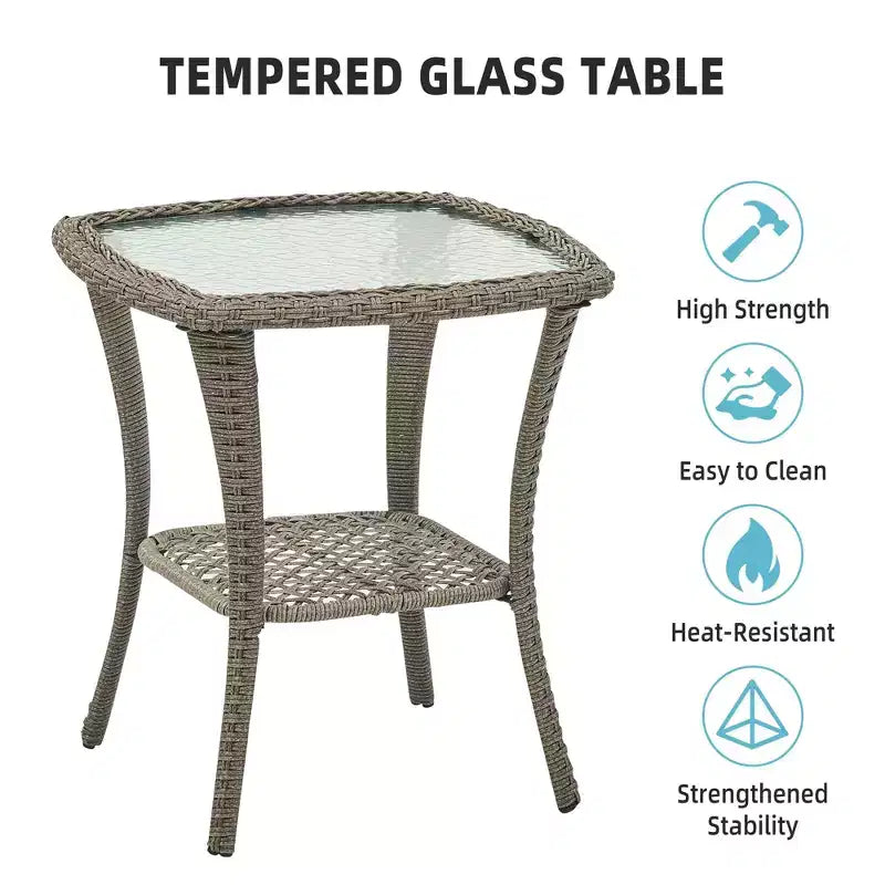 Ensemble de terrasse d'extérieur 3 pièces, ensemble bistro à bascule en résine tressée avec 2 chaises pivotantes et table à plateau en verre trempé
