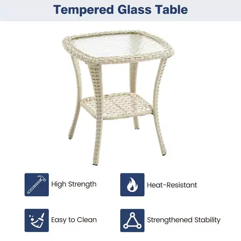 Ensemble de patio extérieur 3 pièces, ensemble bistrot à bascule en osier avec 2 fauteuils pivotants et table à plateau en verre trempé