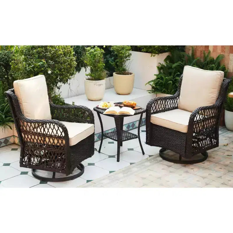Ensemble de terrasse d'extérieur 3 pièces, ensemble bistro à bascule en résine tressée avec 2 chaises pivotantes et table à plateau en verre trempé