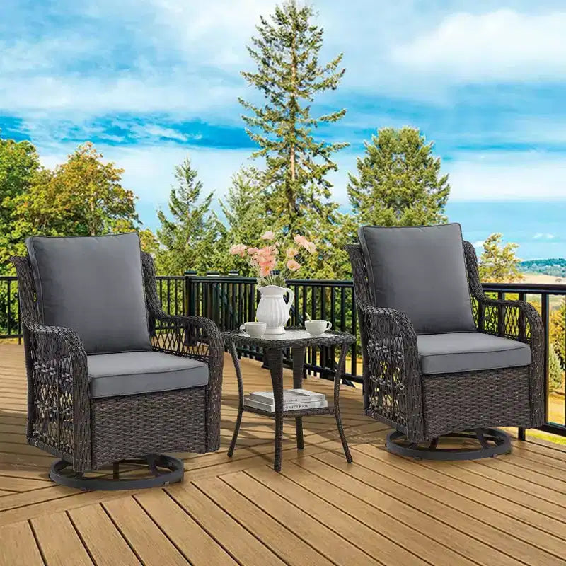 Ensemble de terrasse d'extérieur 3 pièces, ensemble bistro à bascule en résine tressée avec 2 chaises pivotantes et table à plateau en verre trempé
