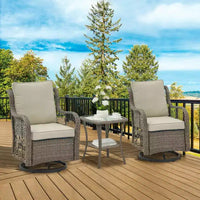 Ensemble de terrasse d'extérieur 3 pièces, ensemble bistro à bascule en résine tressée avec 2 chaises pivotantes et table à plateau en verre trempé