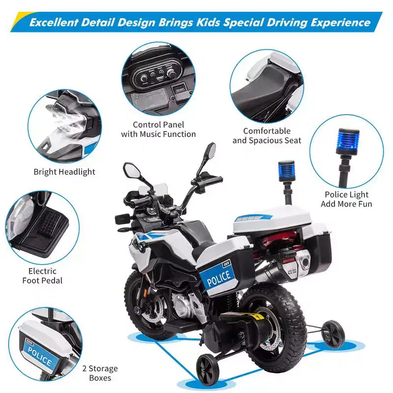 Acekool Moto BMW électrique 12 V pour enfants avec télécommande, 2 vitesses, musique, USB, lumières LED et roues d'entraînement Blanc