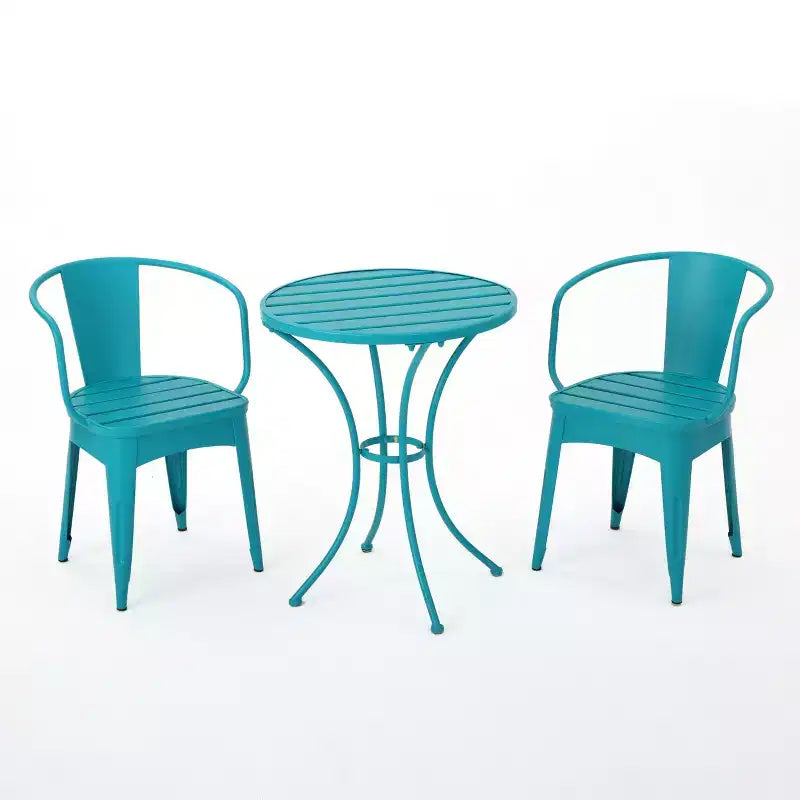 Ensemble de bistro 3 pièces d'extérieur GDFStudio Hobart en fer avec chaises à lattes métalliques et table ronde