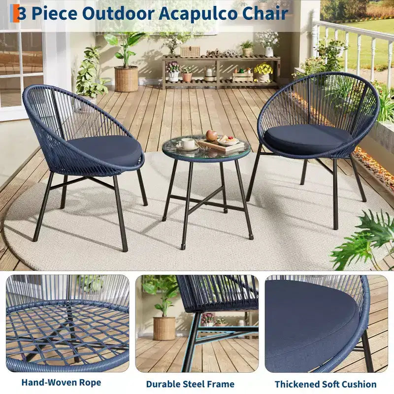 Ensemble bistro de patio 3 pièces avec chaise Acapulco d'extérieur - Chaises Acapulco tout temps avec table à plateau en verre, chaises de conversation de patio modernes, lot de 2