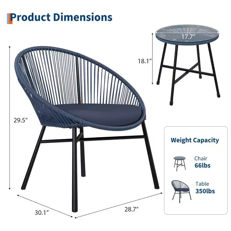 Ensemble de bistro 3 pièces Acapulco d'extérieur, chaises Acapulco toutes saisons avec table en verre, ensemble de 2 chaises de conversation de patio modernes