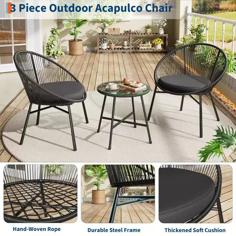 Ensemble de bistro 3 pièces Acapulco d'extérieur, chaises Acapulco toutes saisons avec table en verre, ensemble de 2 chaises de conversation de patio modernes