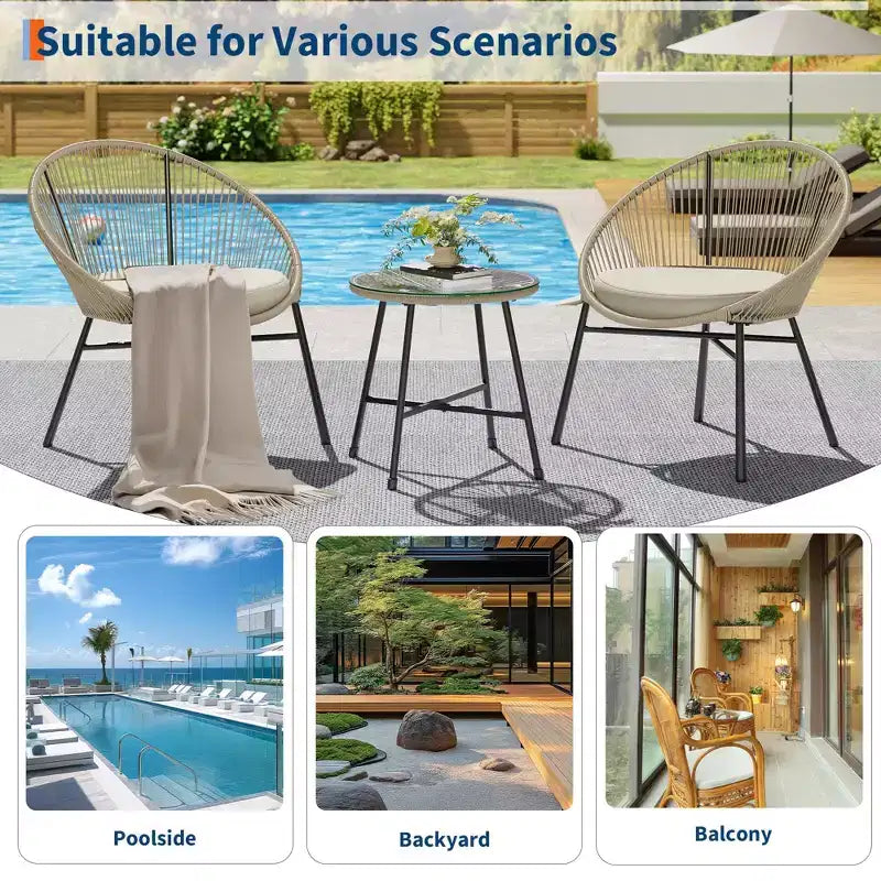Ensemble de bistro 3 pièces Acapulco d'extérieur, chaises Acapulco toutes saisons avec table en verre, ensemble de 2 chaises de conversation de patio modernes