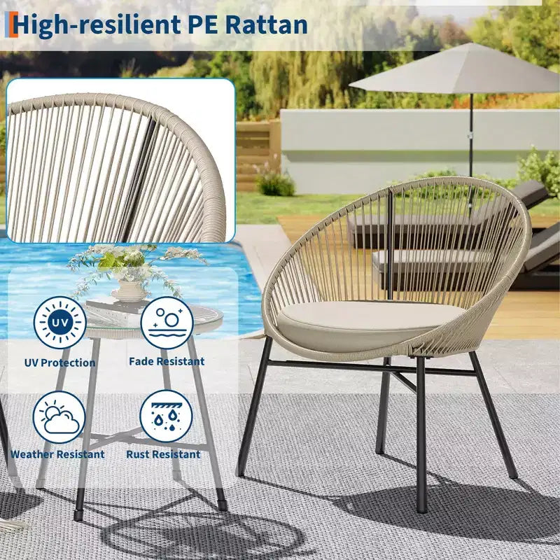 Ensemble bistro de patio 3 pièces avec chaise Acapulco d'extérieur - Chaises Acapulco tout temps avec table à plateau en verre, chaises de conversation de patio modernes, lot de 2