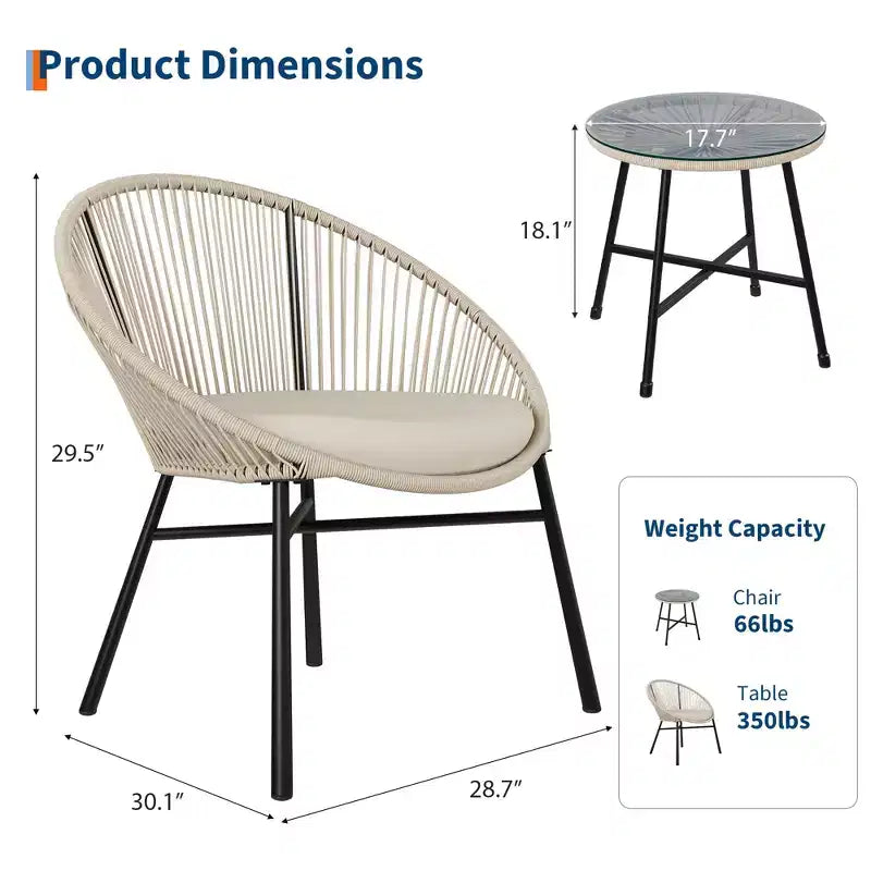 Ensemble de bistro 3 pièces Acapulco d'extérieur, chaises Acapulco toutes saisons avec table en verre, ensemble de 2 chaises de conversation de patio modernes