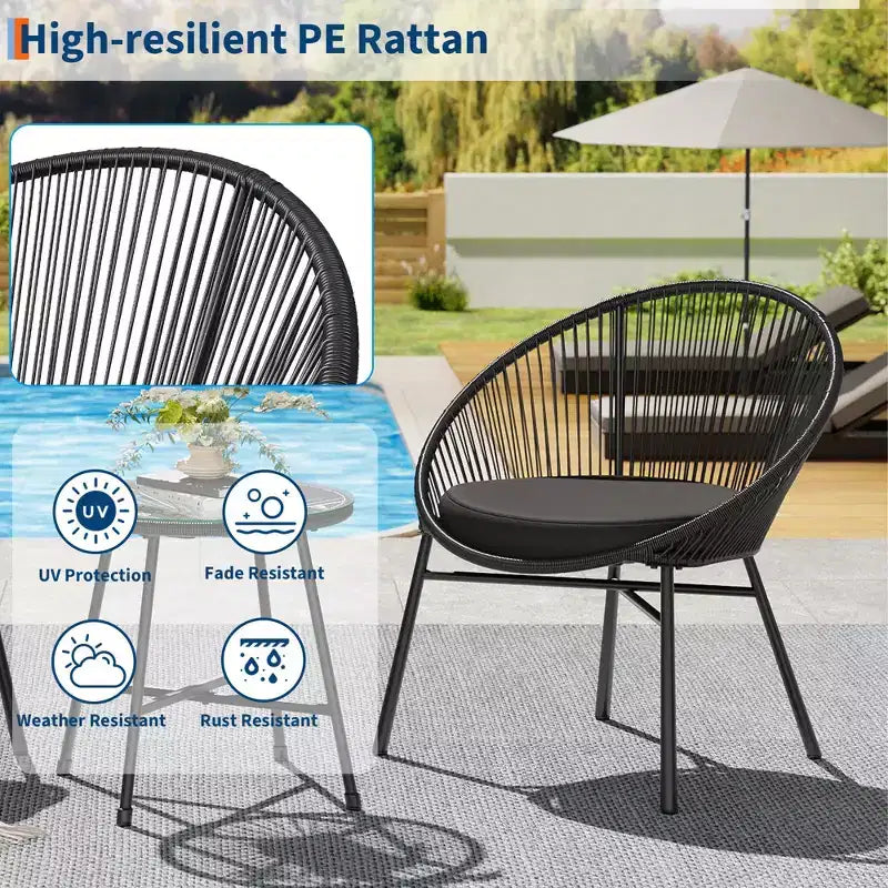 Ensemble bistro de patio 3 pièces avec chaise Acapulco d'extérieur - Chaises Acapulco tout temps avec table à plateau en verre, chaises de conversation de patio modernes, lot de 2