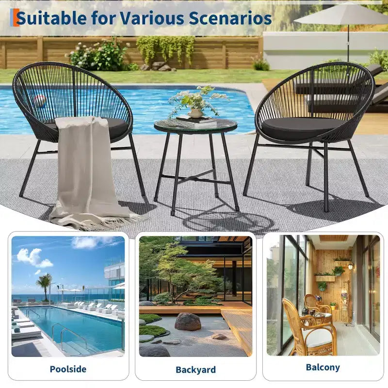 Ensemble de bistro 3 pièces Acapulco d'extérieur, chaises Acapulco toutes saisons avec table en verre, ensemble de 2 chaises de conversation de patio modernes