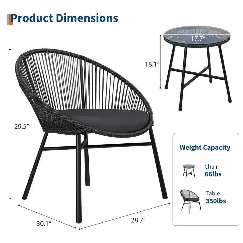 Ensemble bistro de patio 3 pièces avec chaise Acapulco d'extérieur - Chaises Acapulco tout temps avec table à plateau en verre, chaises de conversation de patio modernes, lot de 2