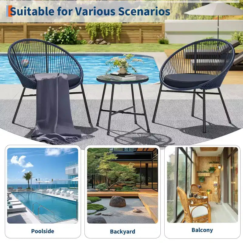 Ensemble de bistro 3 pièces Acapulco d'extérieur, chaises Acapulco toutes saisons avec table en verre, ensemble de 2 chaises de conversation de patio modernes