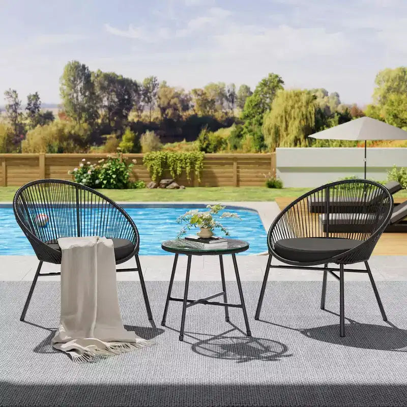 3 Pieces Outdoor Acapulco Chair Patio Bistro Set, All-Weather Acapulco Chairs with Glass Top Table, Modern Patio Conversation Chairs Set of 2