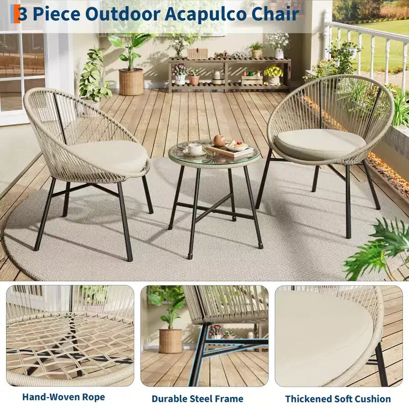 Ensemble bistro de patio 3 pièces avec chaise Acapulco d'extérieur - Chaises Acapulco tout temps avec table à plateau en verre, chaises de conversation de patio modernes, lot de 2