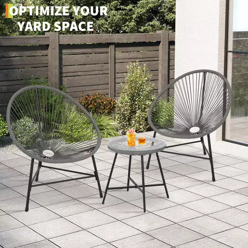 Ensemble de mobilier de terrasse 3 pièces, chaises Acapulco, chaises en corde tressée et table à plateau en verre pour terrasse extérieure, ensembles bistro de conversation tout temps