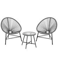 Ensemble de mobilier de terrasse 3 pièces, chaises Acapulco, chaises en corde tressée et table à plateau en verre pour terrasse extérieure, ensembles bistro de conversation tout temps