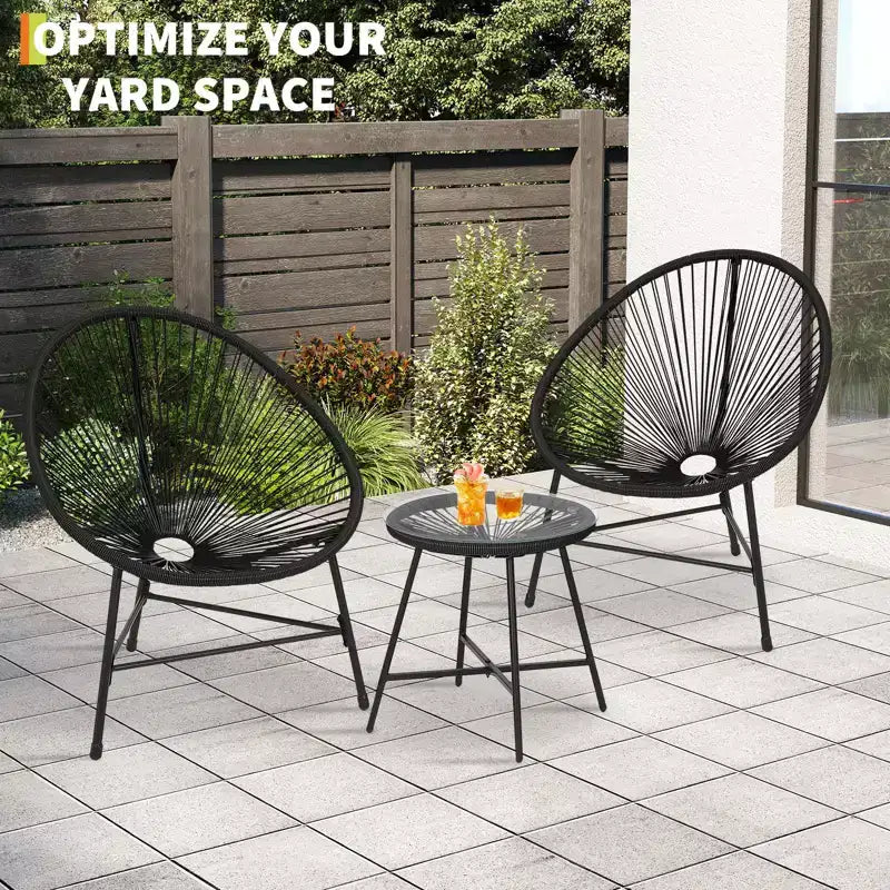 Ensemble de mobilier de terrasse 3 pièces, chaises Acapulco, chaises en corde tressée et table à plateau en verre pour terrasse extérieure, ensembles bistro de conversation tout temps