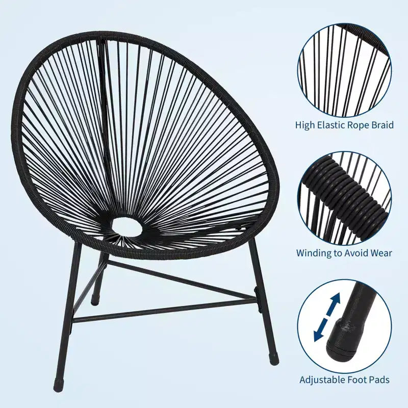 Ensemble de mobilier de terrasse 3 pièces, chaises Acapulco, chaises en corde tressée et table à plateau en verre pour terrasse extérieure, ensembles bistro de conversation tout temps