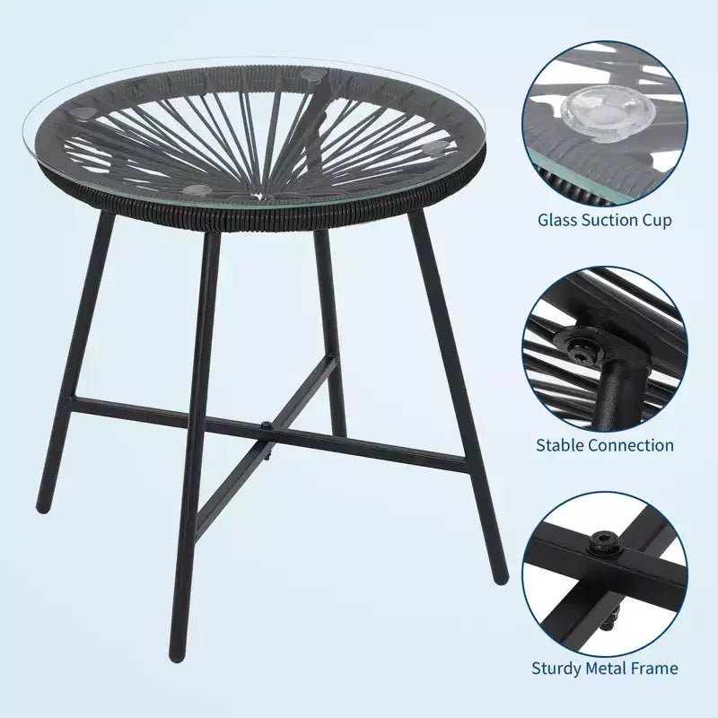 Ensemble de mobilier de terrasse 3 pièces, chaises Acapulco, chaises en corde tressée et table à plateau en verre pour terrasse extérieure, ensembles bistro de conversation tout temps