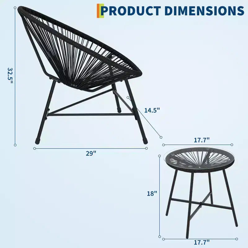Ensemble de mobilier de terrasse 3 pièces, chaises Acapulco, chaises en corde tressée et table à plateau en verre pour terrasse extérieure, ensembles bistro de conversation tout temps