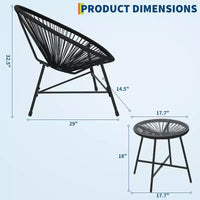 Ensemble de mobilier de terrasse 3 pièces, chaises Acapulco, chaises en corde tressée et table à plateau en verre pour terrasse extérieure, ensembles bistro de conversation tout temps
