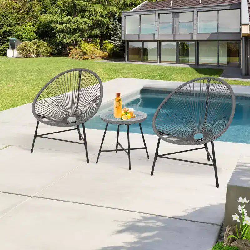 Ensemble de mobilier de terrasse 3 pièces, chaises Acapulco, chaises en corde tressée et table à plateau en verre pour terrasse extérieure, ensembles bistro de conversation tout temps