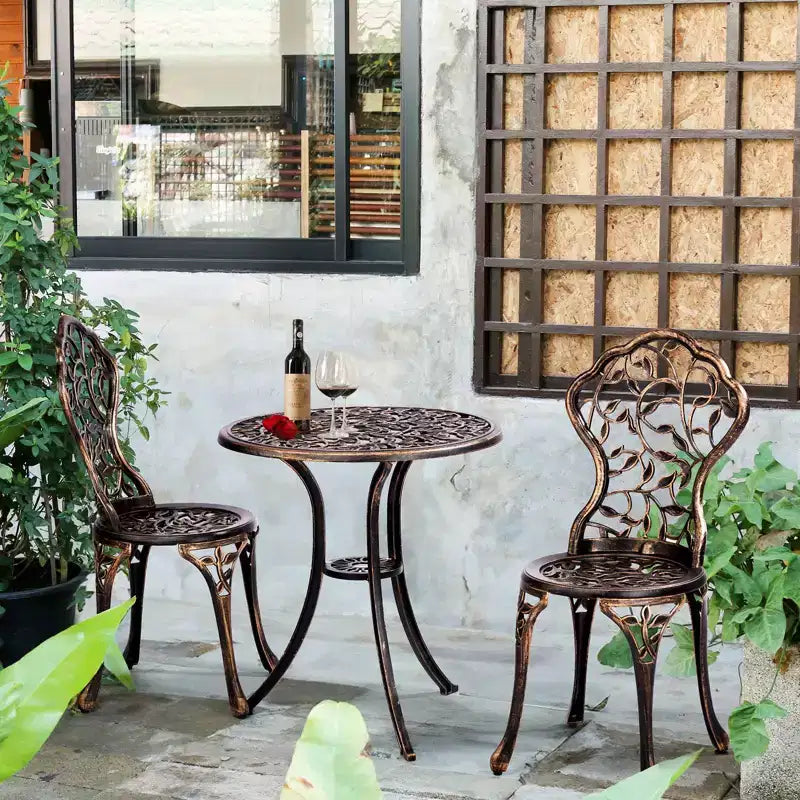 Ensemble de bistrot 3 pièces en fonte d'aluminium motif feuille pour l'extérieur