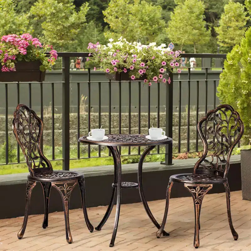 Ensemble de bistrot 3 pièces en fonte d'aluminium motif feuille pour l'extérieur