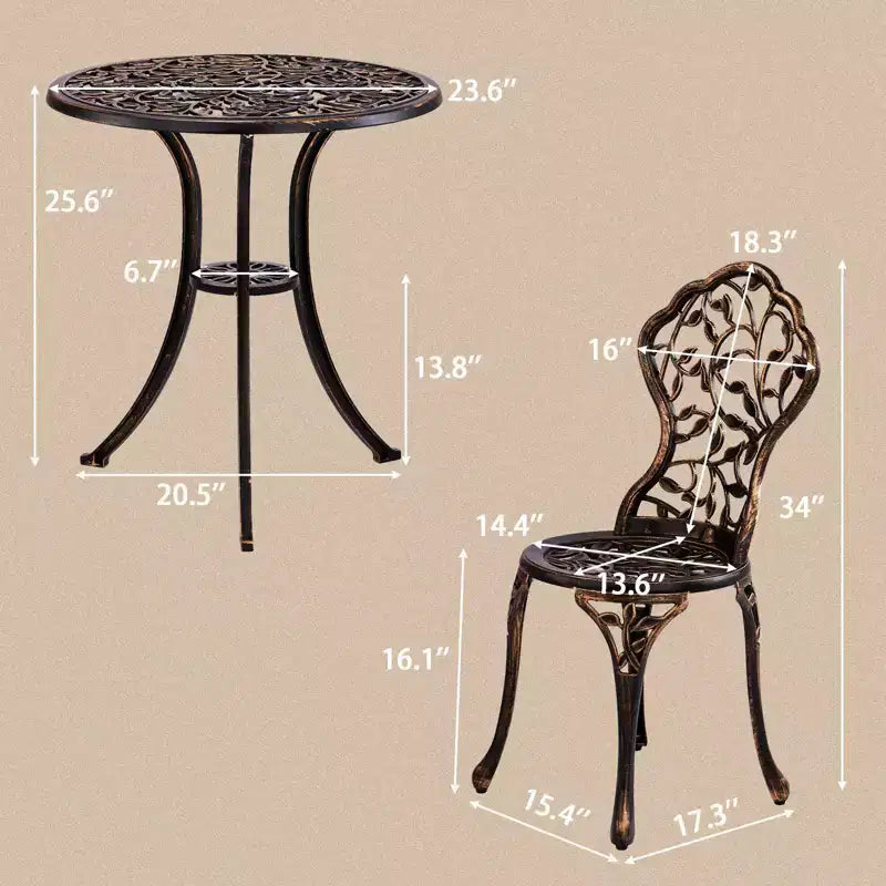 Ensemble de bistrot 3 pièces en fonte d'aluminium motif feuille pour l'extérieur