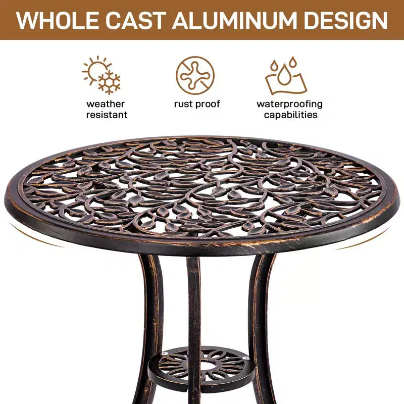 Ensemble de bistrot 3 pièces en fonte d'aluminium motif feuille pour l'extérieur