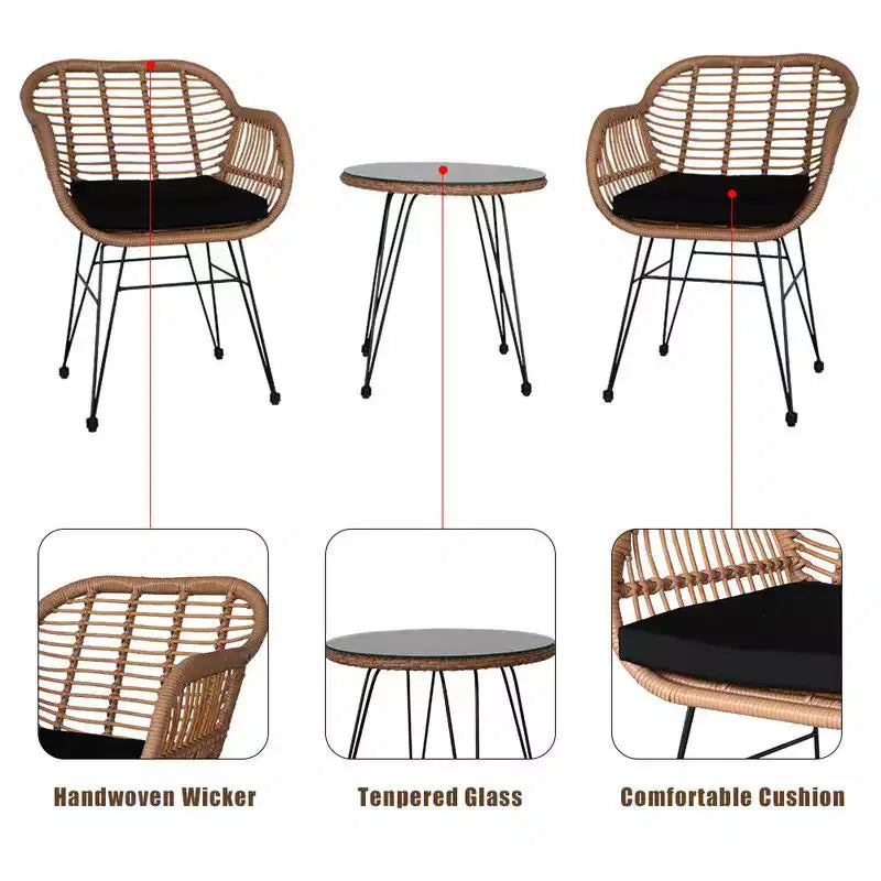 Ensemble bistro d'extérieur 3 pièces en résine tressée avec coussin