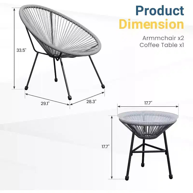 Heynemo Ensemble bistro de patio 3 pièces - Ensemble chaise et table Acapulco d'extérieur, ensemble de mobilier de patio tout temps pour jardin, balcon, bord de piscine