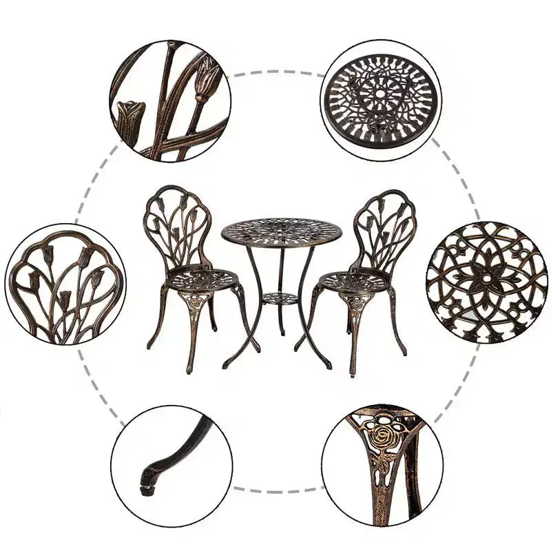 Ensemble de bistro trois pièces en aluminium moulé Tulipe pour l'extérieur