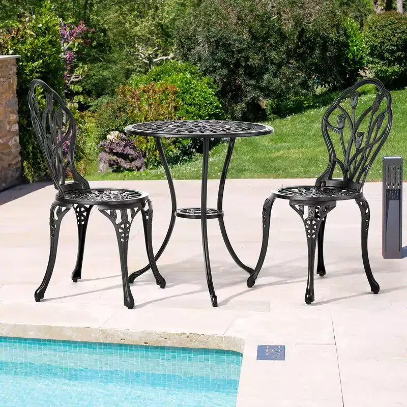 Ensemble de bistro trois pièces en aluminium moulé Tulipe pour l'extérieur