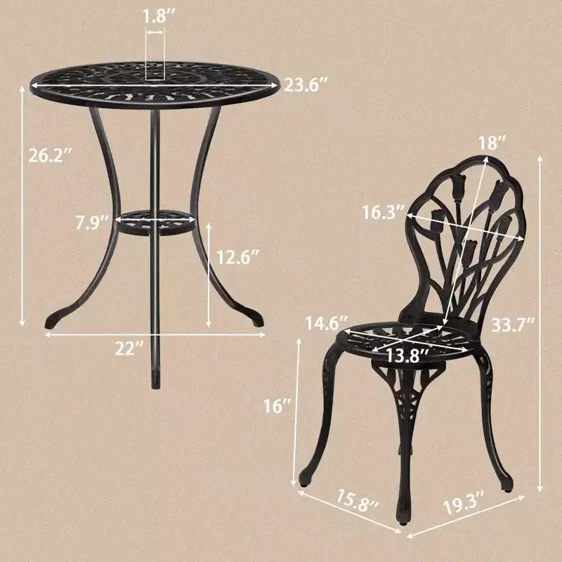 Ensemble de bistro trois pièces en aluminium moulé Tulipe pour l'extérieur