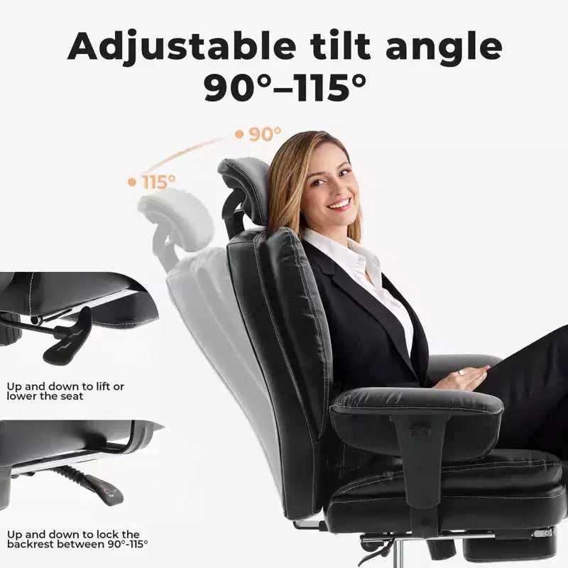 Chaise de bureau en cuir PU pour ordinateur avec soutien lombaire et dossier haut, chaise de bureau ergonomique à appui-tête relevable