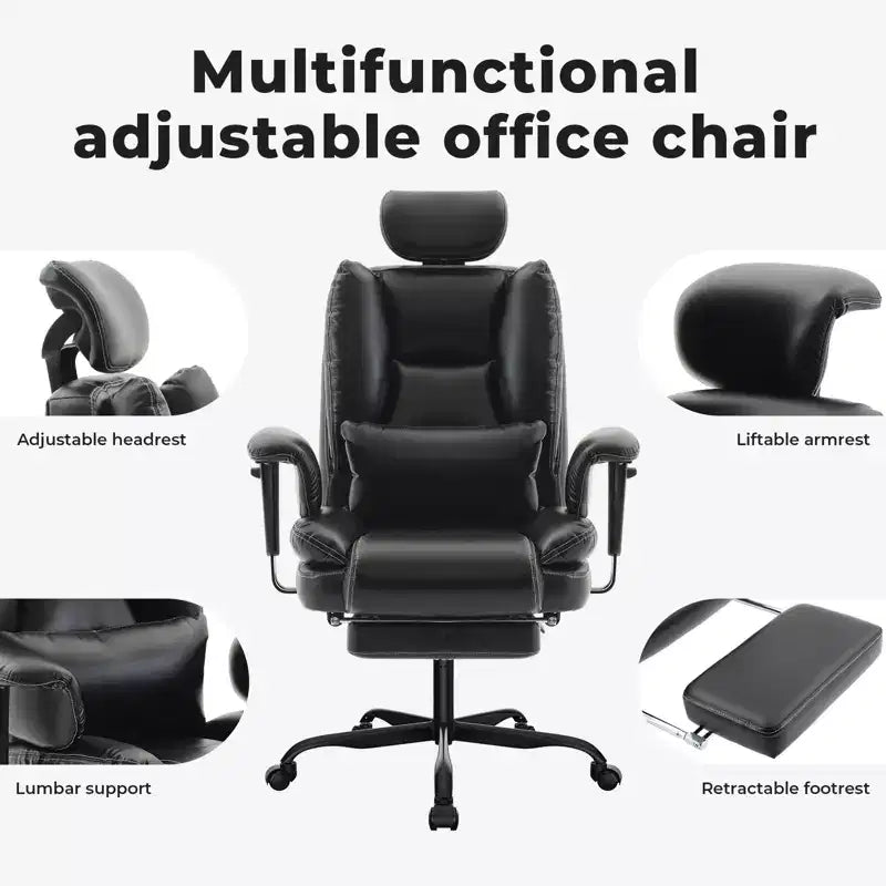 Chaise de bureau en cuir PU pour ordinateur avec soutien lombaire et dossier haut, chaise de bureau ergonomique à appui-tête relevable
